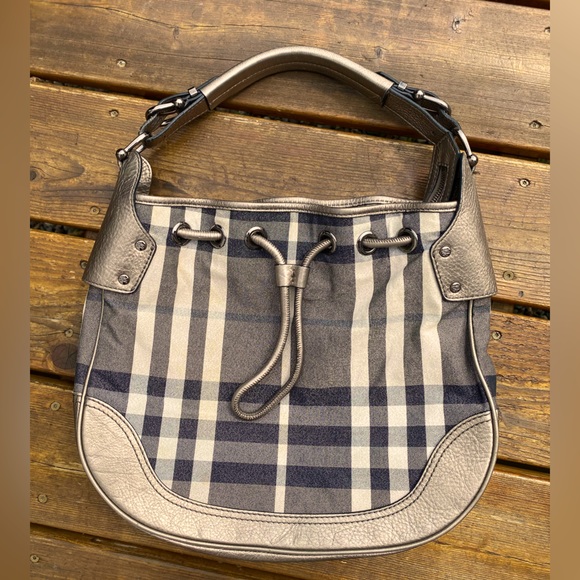 Burberry🔥NEW-Mega Check Leather/Canvas w/serial #/LUREX🔥Bronze Leather Bag👜🔥 - Picture 11 of 15